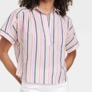 NWT: Universal Thread Pink and Green Striped Button-Down Top